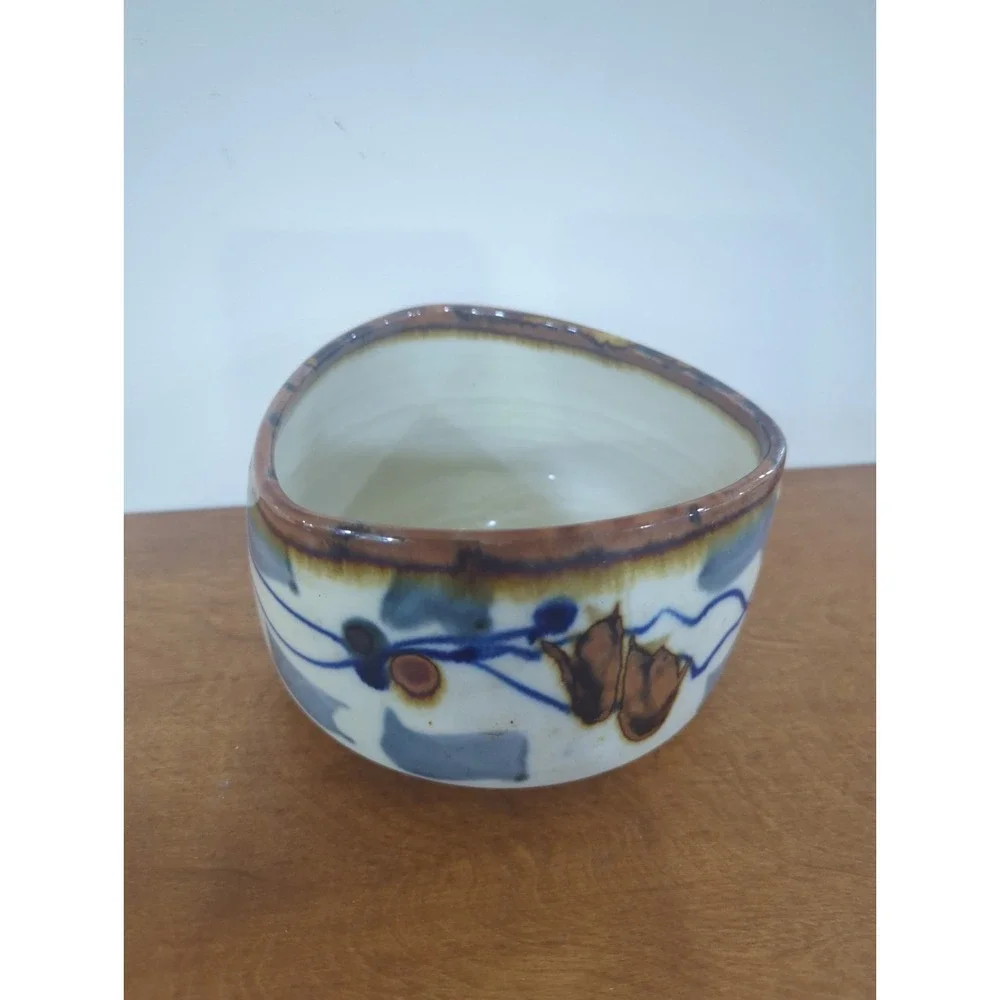Sam Scott Signed Studio Art Pottery Bowl Triangle Top PNW Vintage 1970s 7in